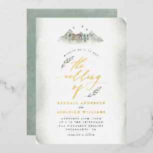 Invitación Con Relieve Metalizado Boda de Campo Verde Acuarela Hojas y Montaña