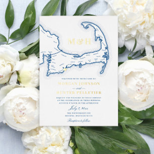Invitación Con Relieve Metalizado Boda de Cape Cod elegante marina y oro