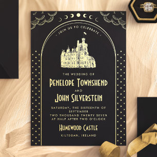 Invitación Con Relieve Metalizado Boda de Castillo de Arte Deco Gótico Negro Dorado