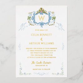 Invitación Con Relieve Metalizado Boda de Cima Rococó Azul con Monograma