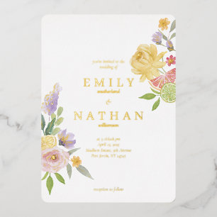 Invitación Con Relieve Metalizado Boda de Citrus Cóctel Acuarela Floral Paraíso