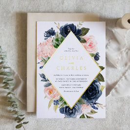 Invitación Con Relieve Metalizado Boda de código QR de marco floral de Rubor y Marin