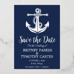 Invitación Con Relieve Metalizado Boda de código QR moderno ancla azul marino
