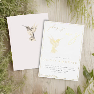 Invitación Con Relieve Metalizado Boda de Colibrí de Acuarela Elegante Dorado