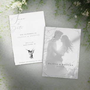 Invitación Con Relieve Metalizado Boda de Colibrí Guardar la Fecha Negro y Blanco