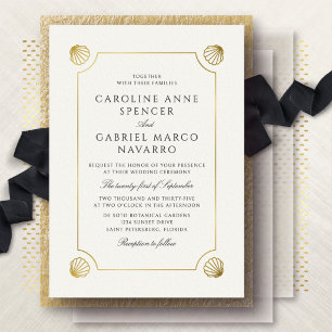 Invitación Con Relieve Metalizado Boda de Conchas de Playa Costera
