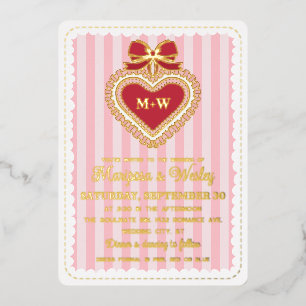 Invitación Con Relieve Metalizado Boda de Coqueta Rojo Rosa Volantes Corazones Rayas