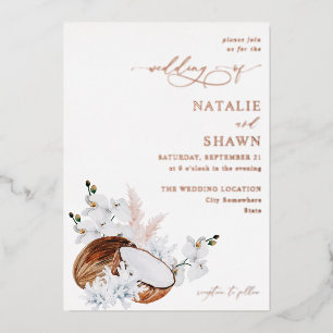 Invitación Con Relieve Metalizado Boda de Coral de Coco y Floral Blanco