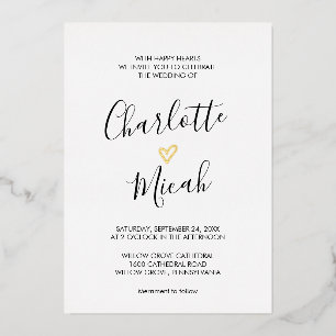 Invitación Con Relieve Metalizado Boda de Corazón de Pan de Oro Dibujado a Mano