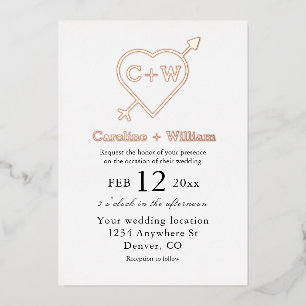 Invitación Con Relieve Metalizado Boda de corazón y flecha con monograma