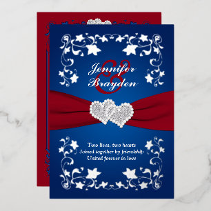 Invitación Con Relieve Metalizado Boda de Corazones Unidos Floral Plateado, Rojo y A