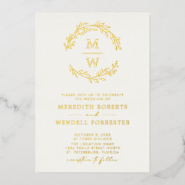 Invitación Con Relieve Metalizado Boda de Corona de Monograma en Crema con Dorado