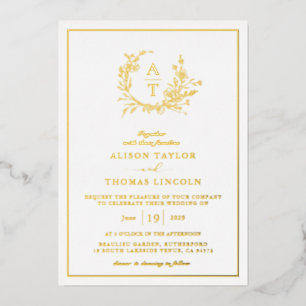Invitación Con Relieve Metalizado Boda de Crest Monograma de Flor Silvestre de Oro R