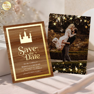 Invitación Con Relieve Metalizado Boda de Cuento de Hadas Castillo Guardar la Fecha
