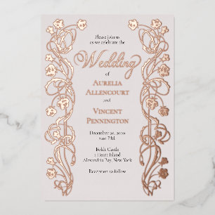 Invitación Con Relieve Metalizado Boda de cuento de hadas de oro rosa floral