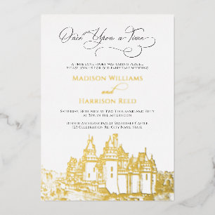 Invitación Con Relieve Metalizado Boda De Cuento De Hadas Érase Una Vez Castillo Oro