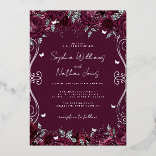 Invitación Con Relieve Metalizado Boda De Desplazamiento De Swirl De Borgoña Plata