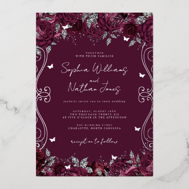 Invitación Con Relieve Metalizado Boda De Desplazamiento De Swirl De Borgoña Plata (Anverso)