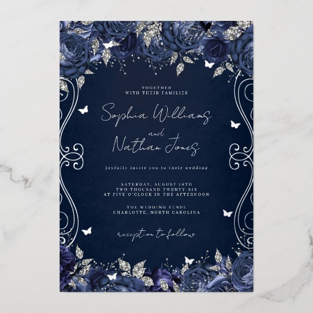 Invitación Con Relieve Metalizado Boda De Desplazamiento Navy Silver Swirl (Anverso)