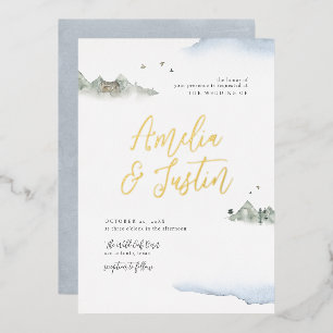 Invitación Con Relieve Metalizado Boda de Destino de Montaña con Acuarela Azul