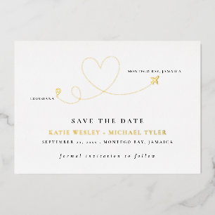 Invitación Con Relieve Metalizado Boda de Destino Dorado Ahorra la Fecha
