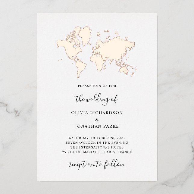 Invitación Con Relieve Metalizado Boda de destino | Elegante Mapa Mundial Rosa Oro (Anverso)