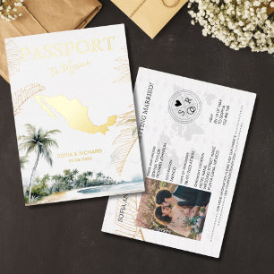 Invitación Con Relieve Metalizado Boda de destino en México Pasaporte Gold