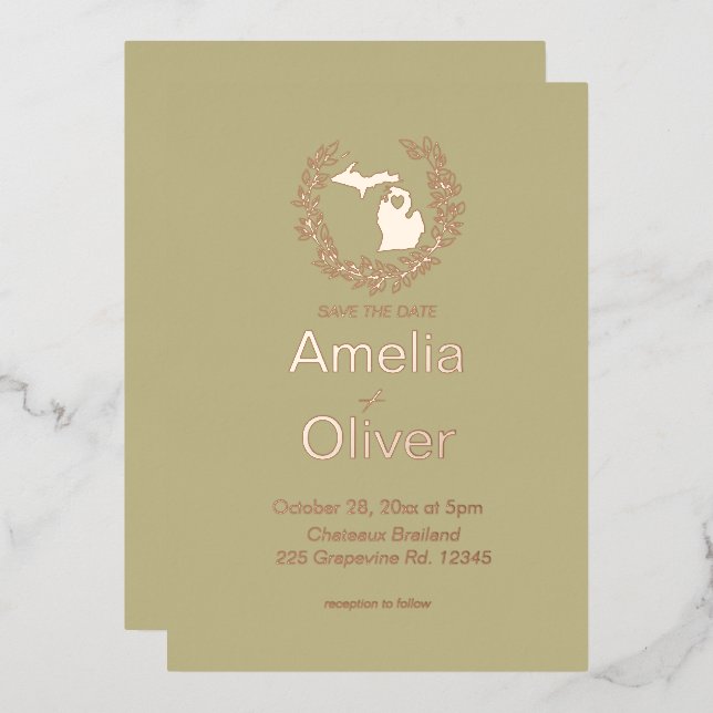 Invitación Con Relieve Metalizado Boda de destino en Michigan   (Anverso/Reverso)