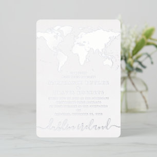 Invitación Con Relieve Metalizado Boda de destino mapa mundial con lámina de plata a