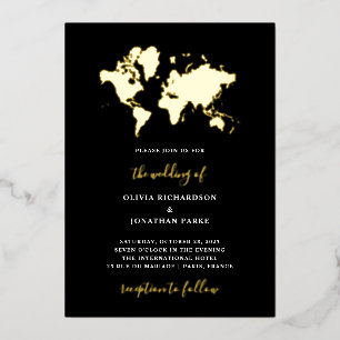 Invitación Con Relieve Metalizado Boda de Destino Mapa Mundial Elegante Negro Oro