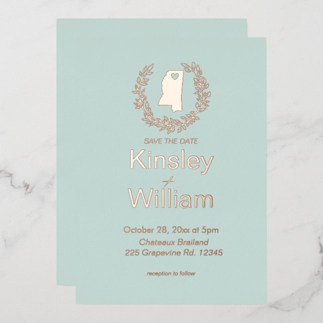 Invitación Con Relieve Metalizado Boda de destino Mississippi    (Anverso/Reverso)