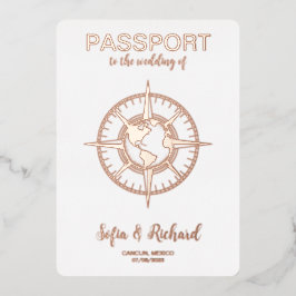 Invitación Con Relieve Metalizado Boda de Destino Pasaporte Mapa Mundial con Hojuela