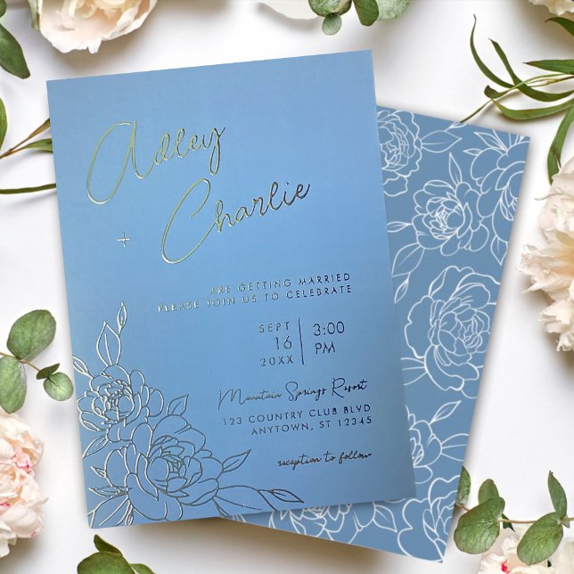 Invitación Con Relieve Metalizado Boda de dibujo de la línea botánica azul y blanca  (Subido por el creador)