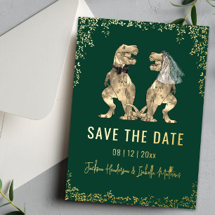 Invitación Con Relieve Metalizado Boda de dinosaurio divertida, guarde la fecha en v