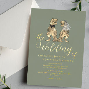 Invitación Con Relieve Metalizado Boda de dinosaurios elegante verde salvia dorado