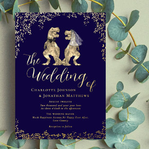 Invitación Con Relieve Metalizado Boda de dinosaurios Marina Azul y Oro