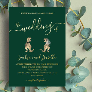 Invitación Con Relieve Metalizado Boda de dinosaurios T-Rex Bride y Groom Green Gold