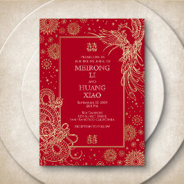 Invitación Con Relieve Metalizado Boda de Dragon Phoenix en China