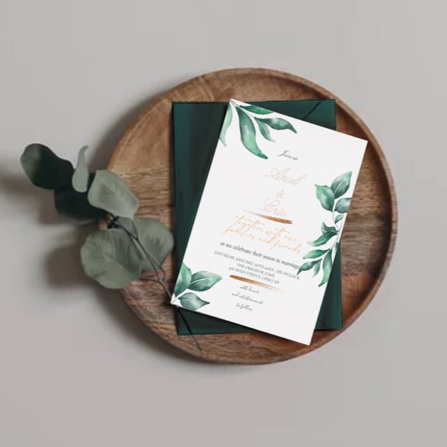 Invitación Con Relieve Metalizado Boda de Ecología Verde Esmeralda y Eucalipto Oro (Subido por el creador)