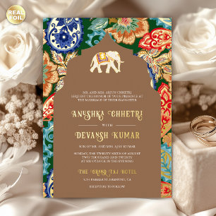 Invitación Con Relieve Metalizado Boda de elefante del arte popular indio beige dora