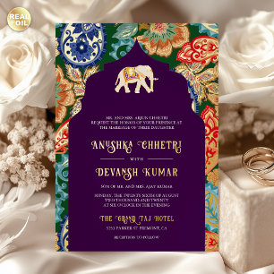 Invitación Con Relieve Metalizado Boda de elefante del arte popular indio Berenjena 