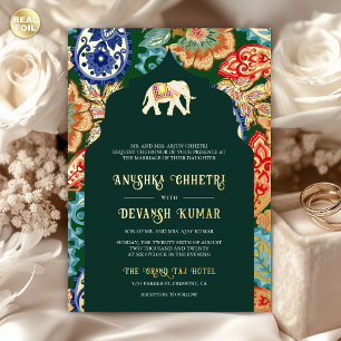Invitación Con Relieve Metalizado Boda de elefante del arte popular indio esmeralda