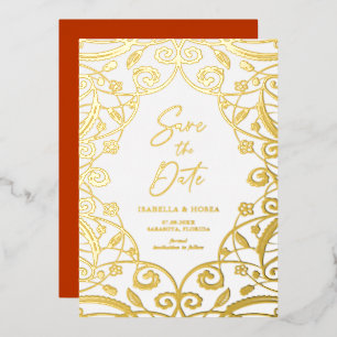 Invitación Con Relieve Metalizado Boda de encaje floral de hoja de oro naranja quema