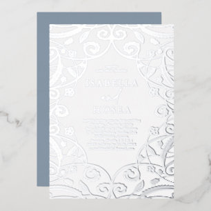 Invitación Con Relieve Metalizado Boda de encaje floral de plata azul polvoriento co