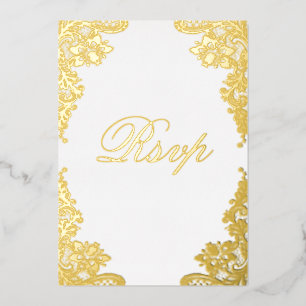 Invitación Con Relieve Metalizado Boda de encaje floral RSVP Real Gold