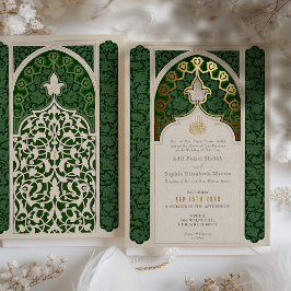 Invitación Con Relieve Metalizado Boda de encaje islámico Emerald Elegance