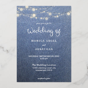 Invitación Con Relieve Metalizado Boda de encaje Jean y luces de cadena