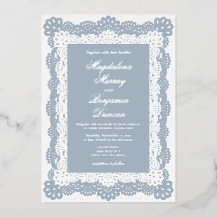 Invitación Con Relieve Metalizado Boda de encaje victoriano elegante vintage azul po