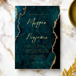 Invitación Con Relieve Metalizado Boda de escritura azul Verde azulada moderna