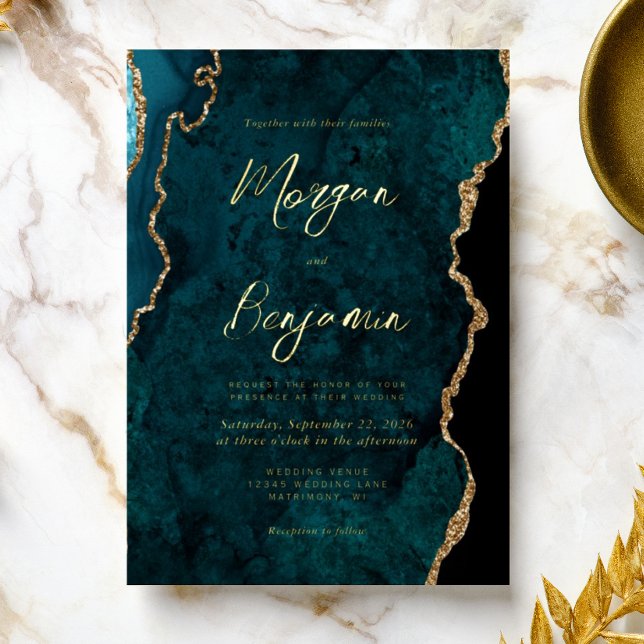 Invitación Con Relieve Metalizado Boda de escritura azul Verde azulada moderna (Subido por el creador)
